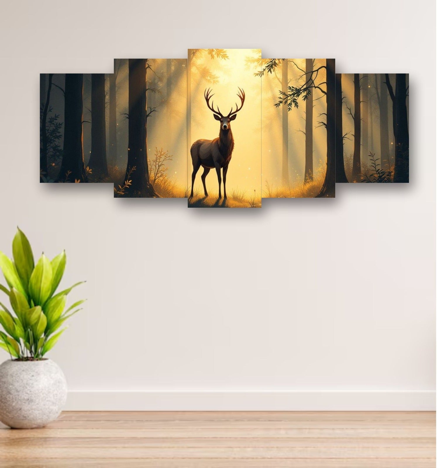 5-Piece Wooden Wall Frame – Deer In Forest Sunset Design | 16x40 Inch With Sticky Tiles