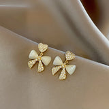 Heart Bow Zircon Korean Stud Earrings For Women – Elegant Golden Alloy Earrings Without Box