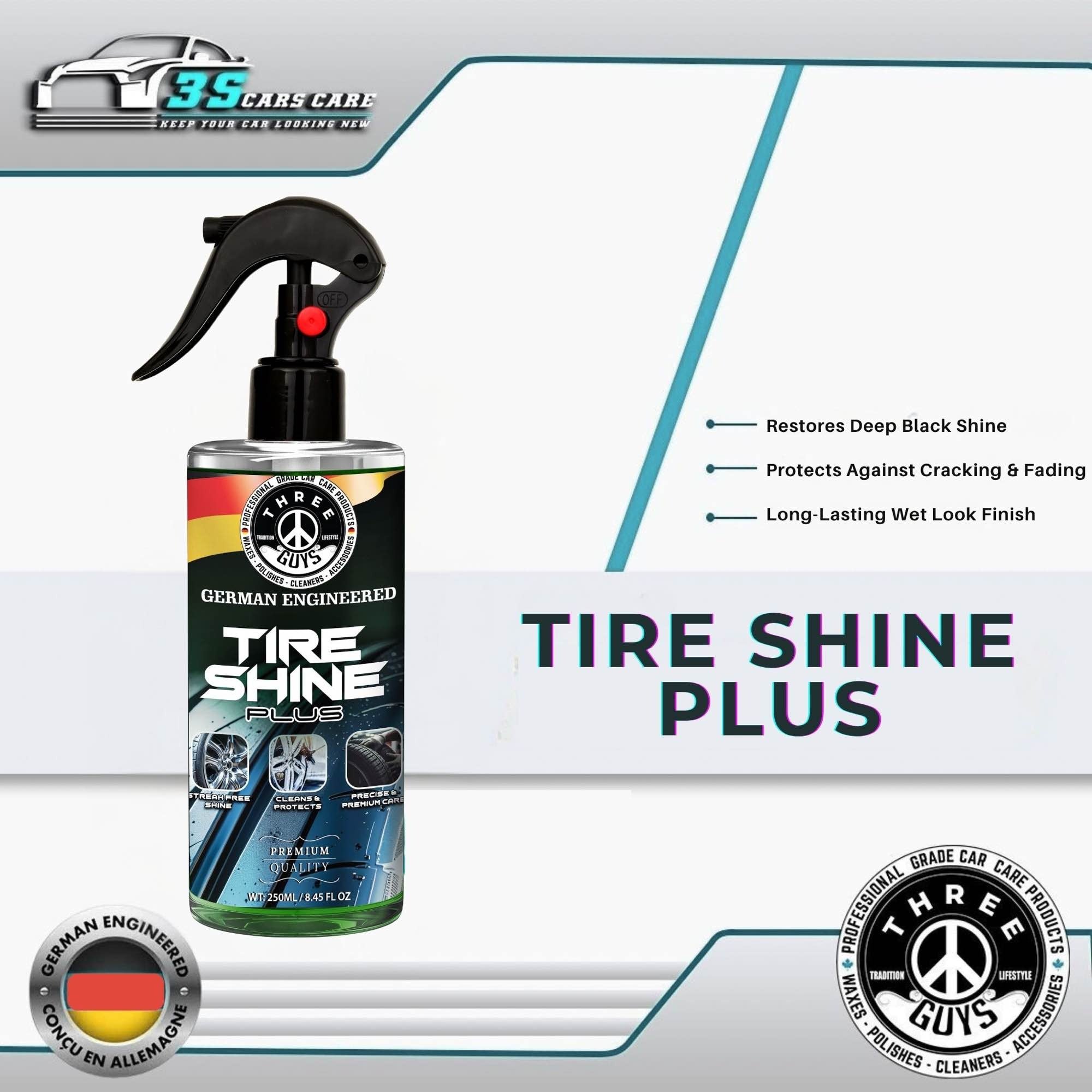 Three Guys Tire Shine Plus 250ml – Streak-Free Shine Cleans And Protects Long-Lasting Wet Look Premium Tire Care Spray