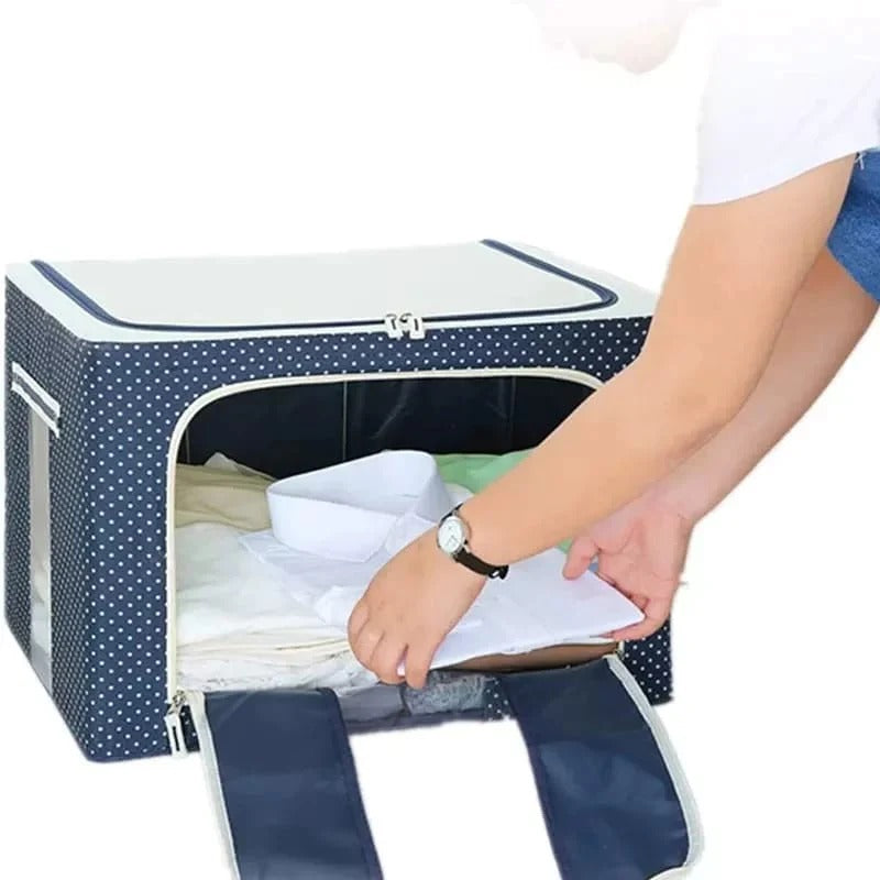 Foldable Metal Frame Clothes Storage Organizer Bag – Large Capacity Fabric Wardrobe Box With Zipper & Clear Window
