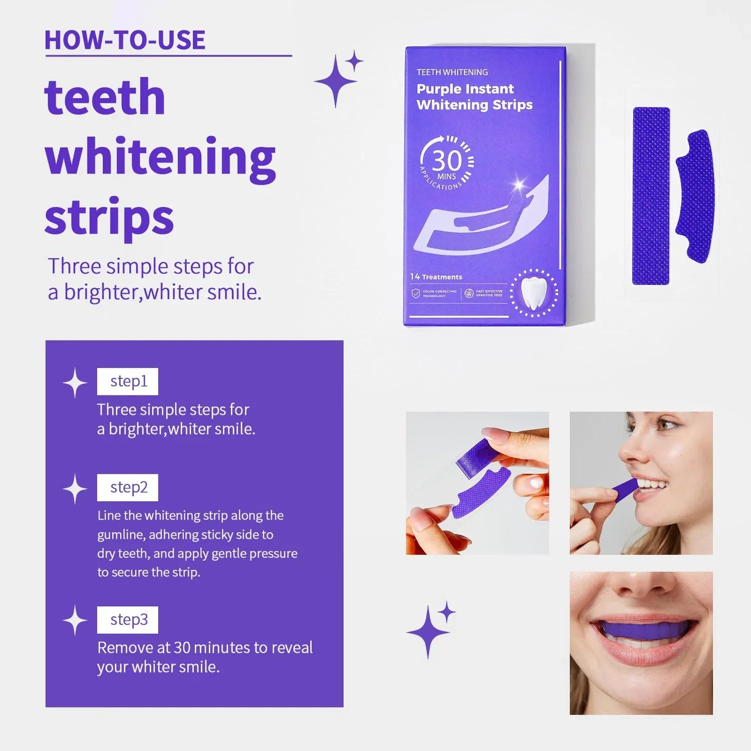 Purple Instant Teeth Whitening Strips – Fast Teeth Whitening Treatment, Color Correcting Technology, 30-Minute Application,