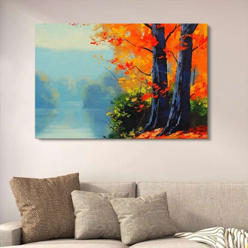 Autumn Forest River Canvas Art | Vibrant Fall Landscape Wall Decor | Artistic Nature Painting Wooden Art Frame | 12x16 Inches