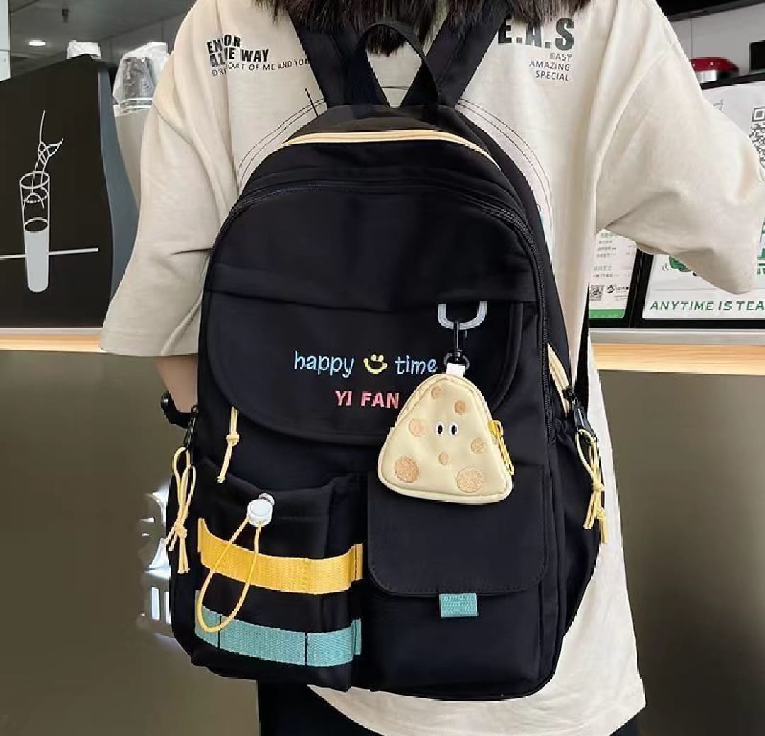 Stylish Black Backpack With Blue & Yellow Stripes + Cute Mouse-Shaped Coin Purse | Lightweight, Durable, School & Travel Bag