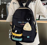 Stylish Black Backpack With Blue & Yellow Stripes + Cute Mouse-Shaped Coin Purse | Lightweight, Durable, School & Travel Bag