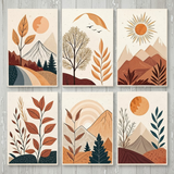 Hills Moon Sun Leaves Wooden Wall Art – 6 Piece Decorative Frame Set Made With Wooden Stickytile, Size 8x11 Inches Each, Easy To Mount With Double Tape
