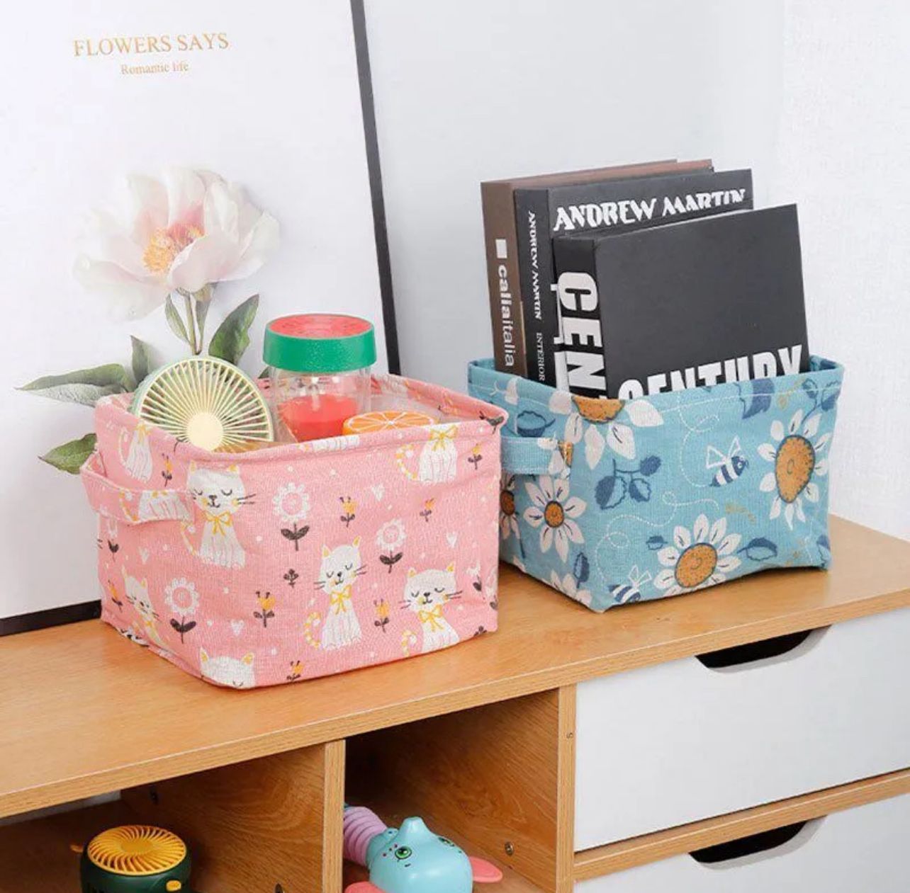 Foldable Desktop Storage Basket | Waterproof Cotton Linen Organizer | Mini Square With Handles (Random Colour And Design)