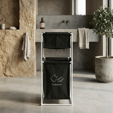 Fabric Laundry Hamper With Dual Compartments And White Metal Frame For Organized Clothing And Underwear Storage