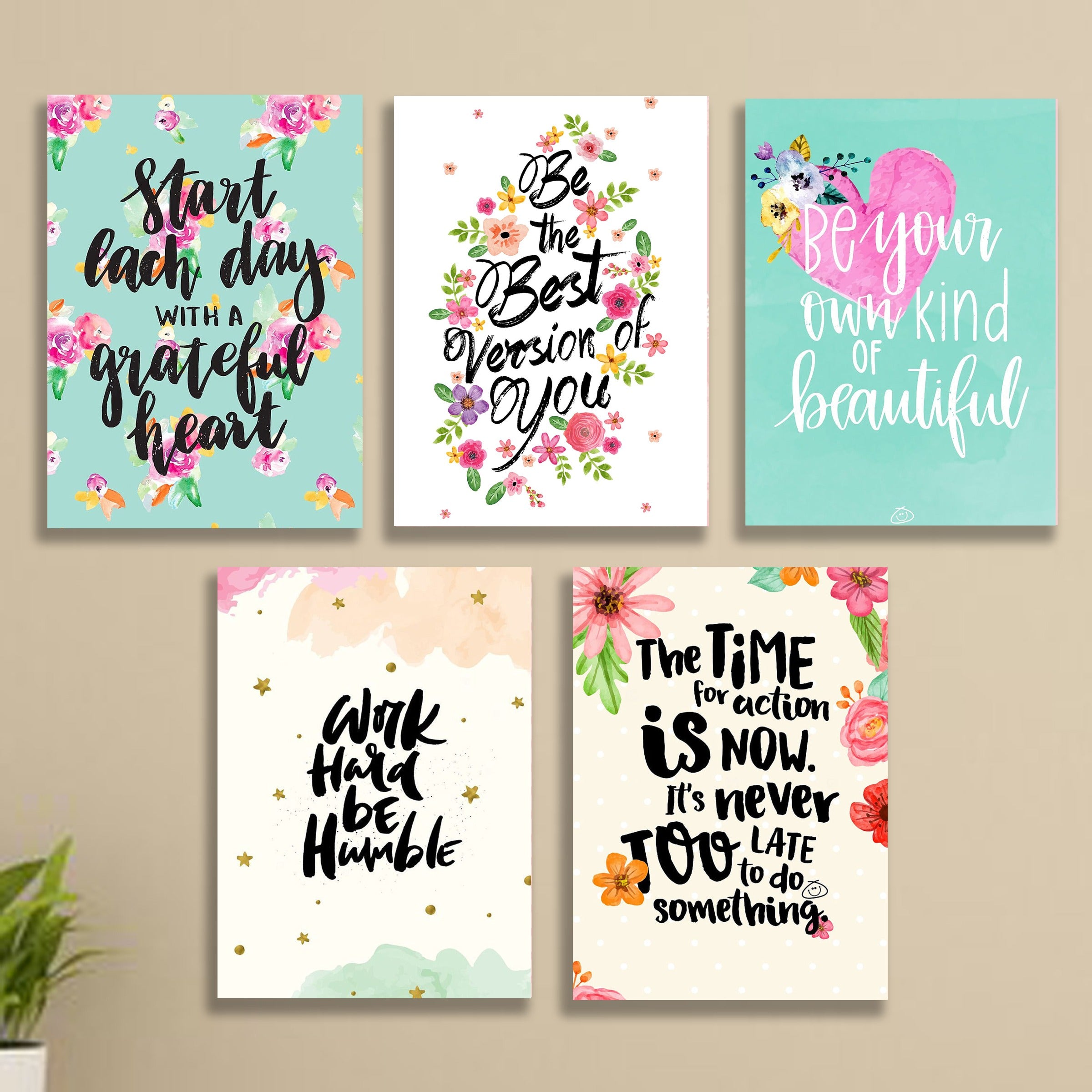 Set Of 5 Floral Motivational Wall Art Frames – 8x11" MDF With Sticky Backing