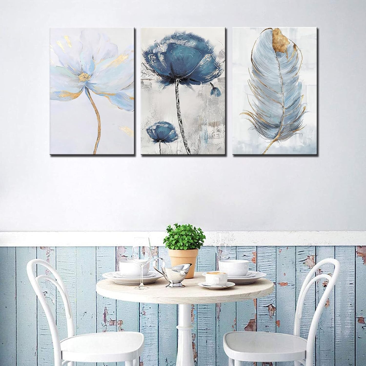 Set Of 3 Fresh Posters – Flowers & Feather Wall Art Prints (8x11 Inches) With Double Tape