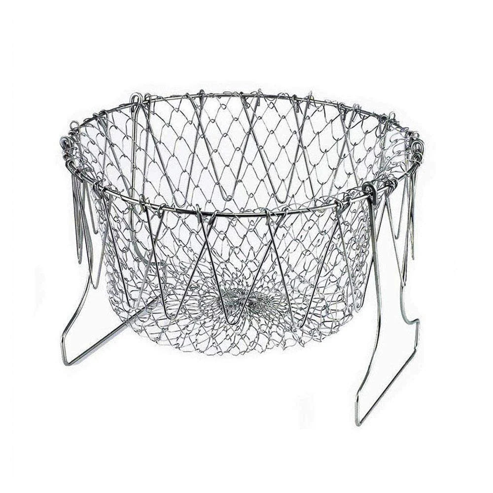 Stainless Steel Multi-Functional Foldable Chef Basket – Deluxe Kitchen Colander, Mesh Steam, Rinse, Strain & Fry Basket