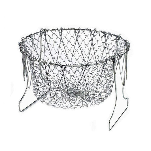 Stainless Steel Multi-Functional Foldable Chef Basket – Deluxe Kitchen Colander, Mesh Steam, Rinse, Strain & Fry Basket