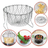 Stainless Steel Multi-Functional Foldable Chef Basket – Deluxe Kitchen Colander, Mesh Steam, Rinse, Strain & Fry Basket