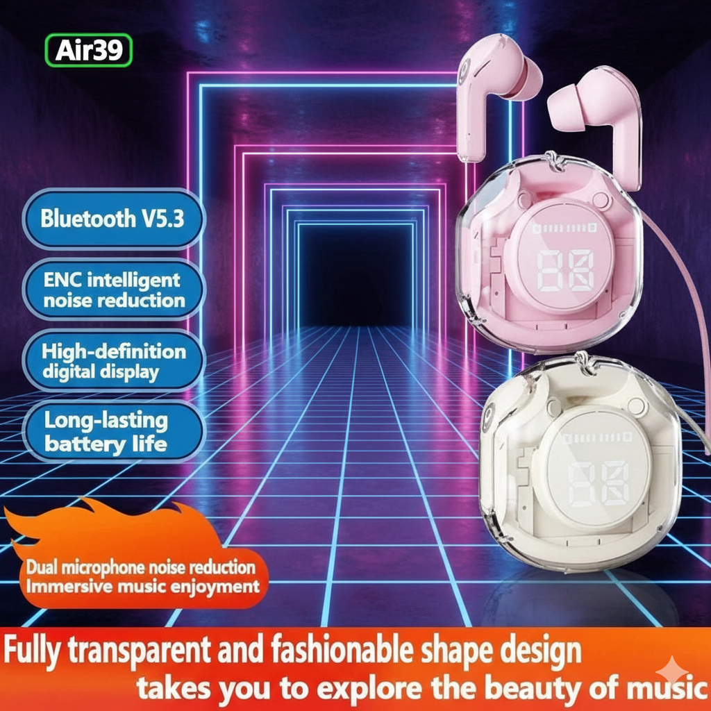 Air 39 Wireless Earbuds | Bluetooth 5.3 | Digital Display | Stereo Sound | Portable Charging Case | Random Color
