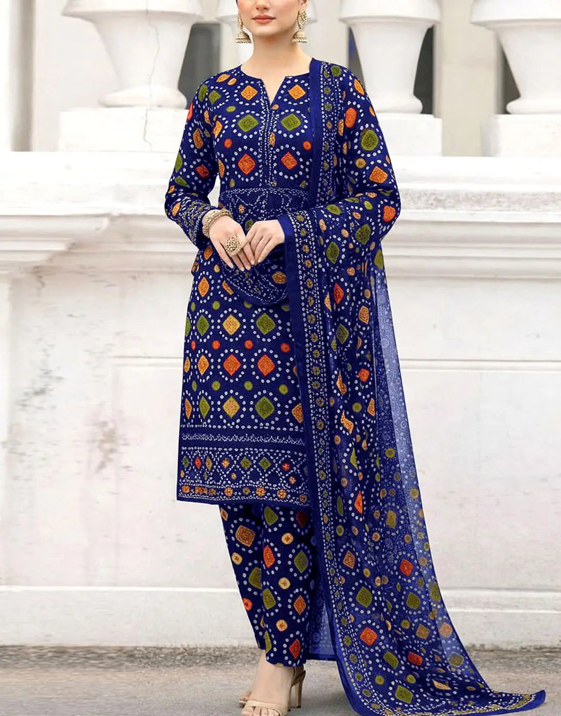 Stylish Digital Chunri Print Embroidered Lawn 3PC Unstitched Suit With Chiffon Dupatta
