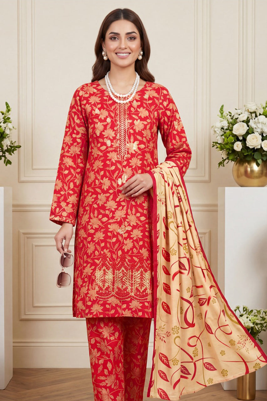 Aneela’s Premium Embroidered Lawn 3PC Unstitched Suit With Printed Dupatta