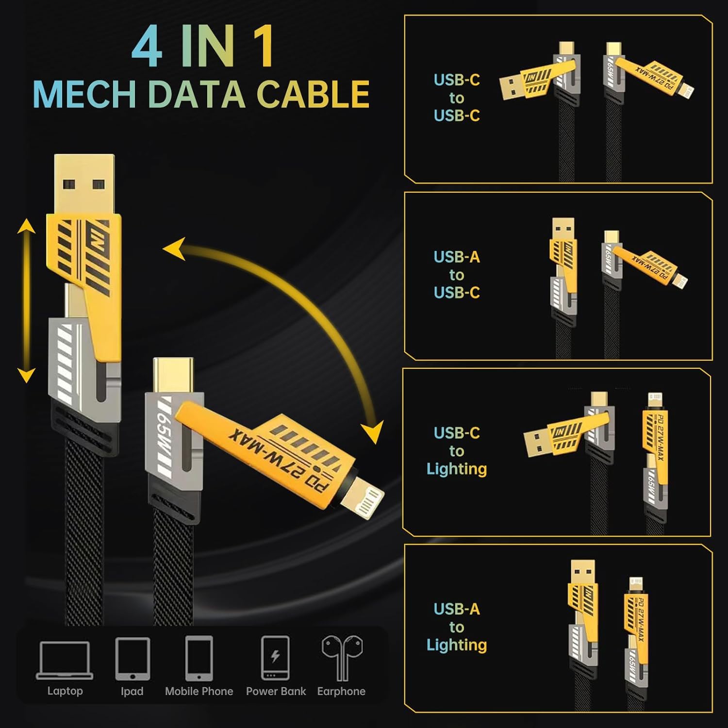 4 In 1 Data Cable – USB-C & Lightning Connectors, Braided Durable Design, Fast Charging