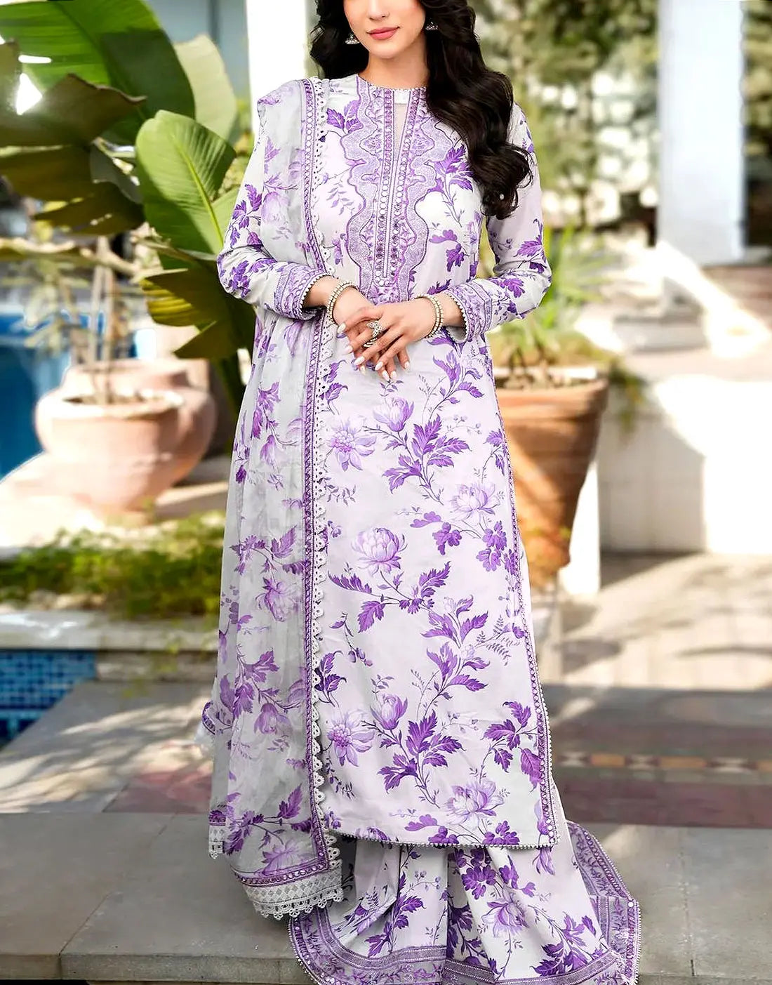 Aneela’s Luxury 9mm Sequins Embroidered Lawn 3 Piece Unstitched Dress With 4-Side Embroidered Chiffon Dupatta