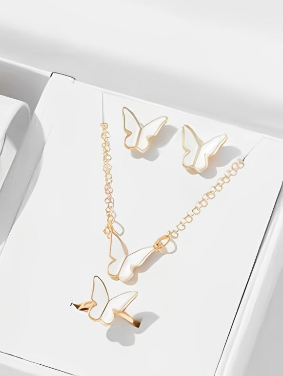 Butterfly Set, Pack Of 4 / Pendants Necklace Earrings Ring For Women Jewelry -White