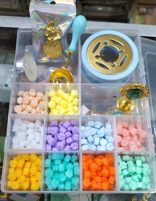 Wax Set With 3 Different Brass Stamps With Holder - Spoon - Candle - Heating Stand (10 Colors Wax About 520 Beans)