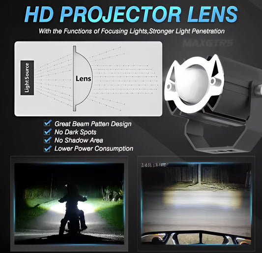 MAXGTRS Motorcycle Led Headlight Mini Projector Lens Tri-Model Driving Auxiliary Scooter Spotlamp