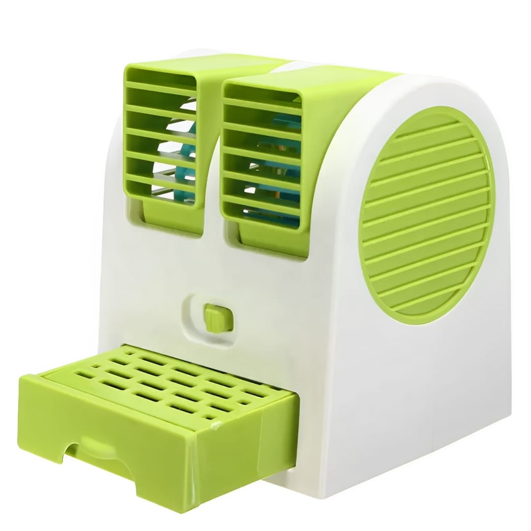 Portable Mini AC Air Cooler – USB & Battery Operated | Dual Blower With Ice Tray | Blade-Less Cooling Fan For Home, Shop, Kitchen, Table & Outdoor Use
