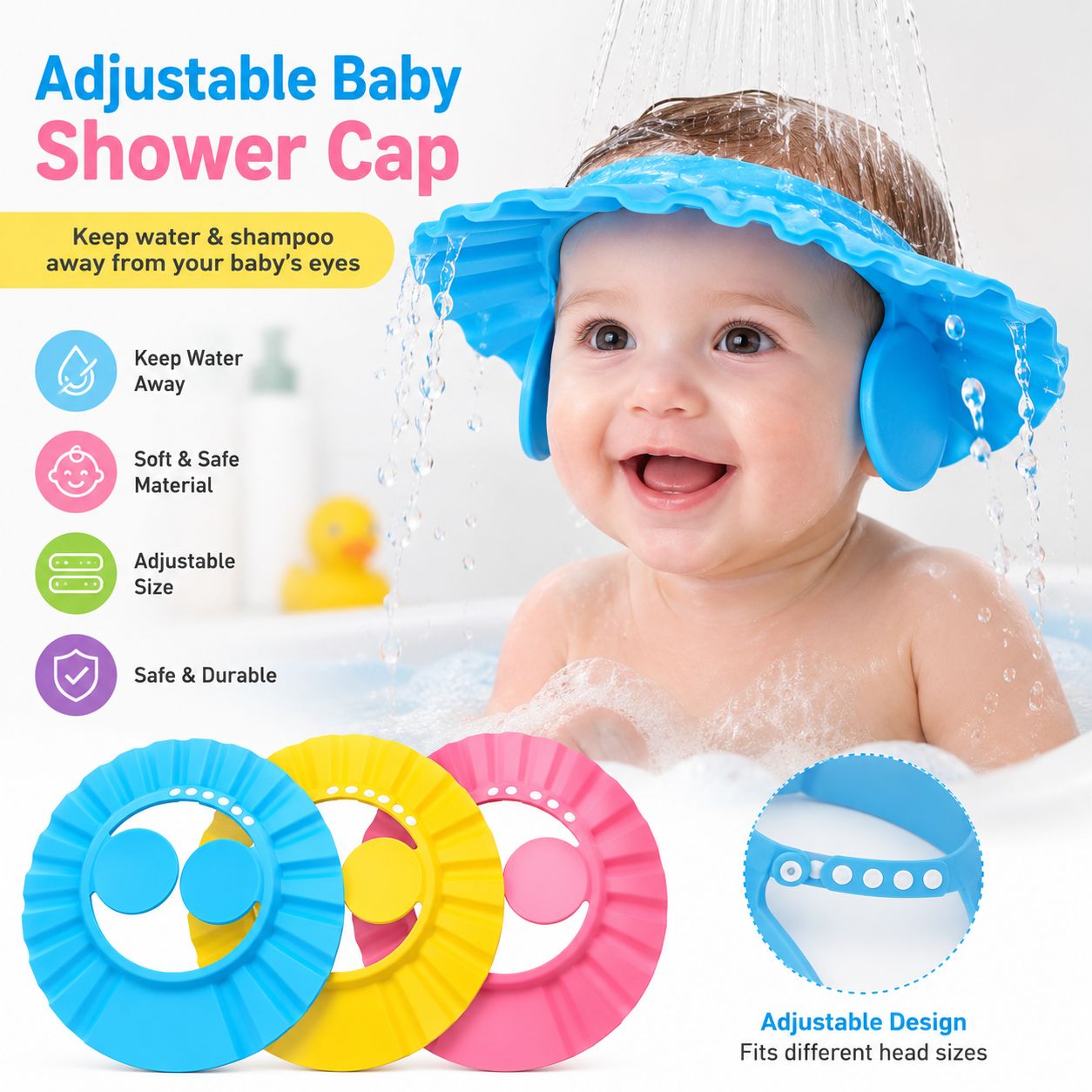 Baby Shower Cap With Stopper | Silicon Baby Shower Cap | Soft & Safe Material | Random Color