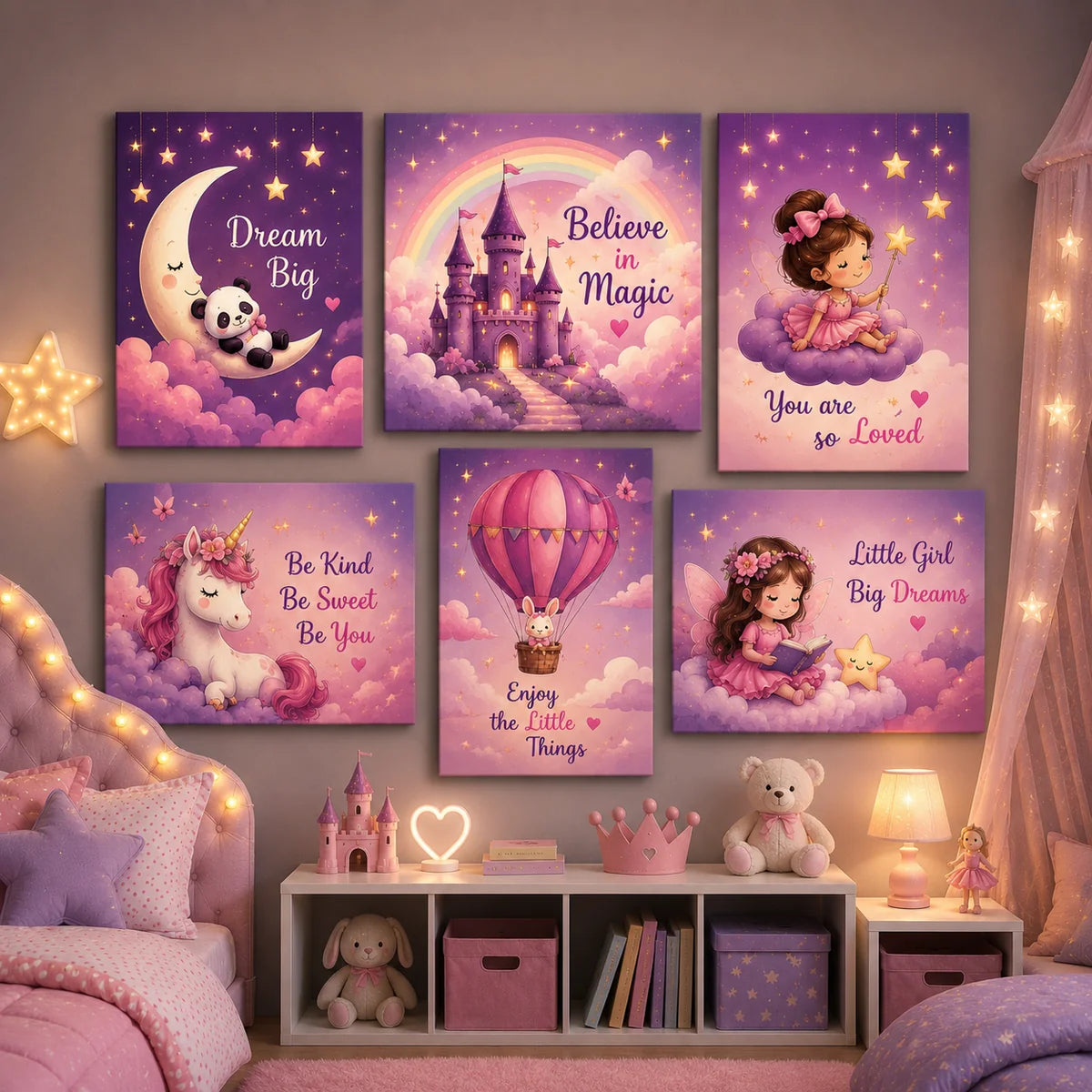 6 Pcs Fairy Tale Kids Wall Art Tiles – Unicorns, Castles & Stars (8x11 Inches)