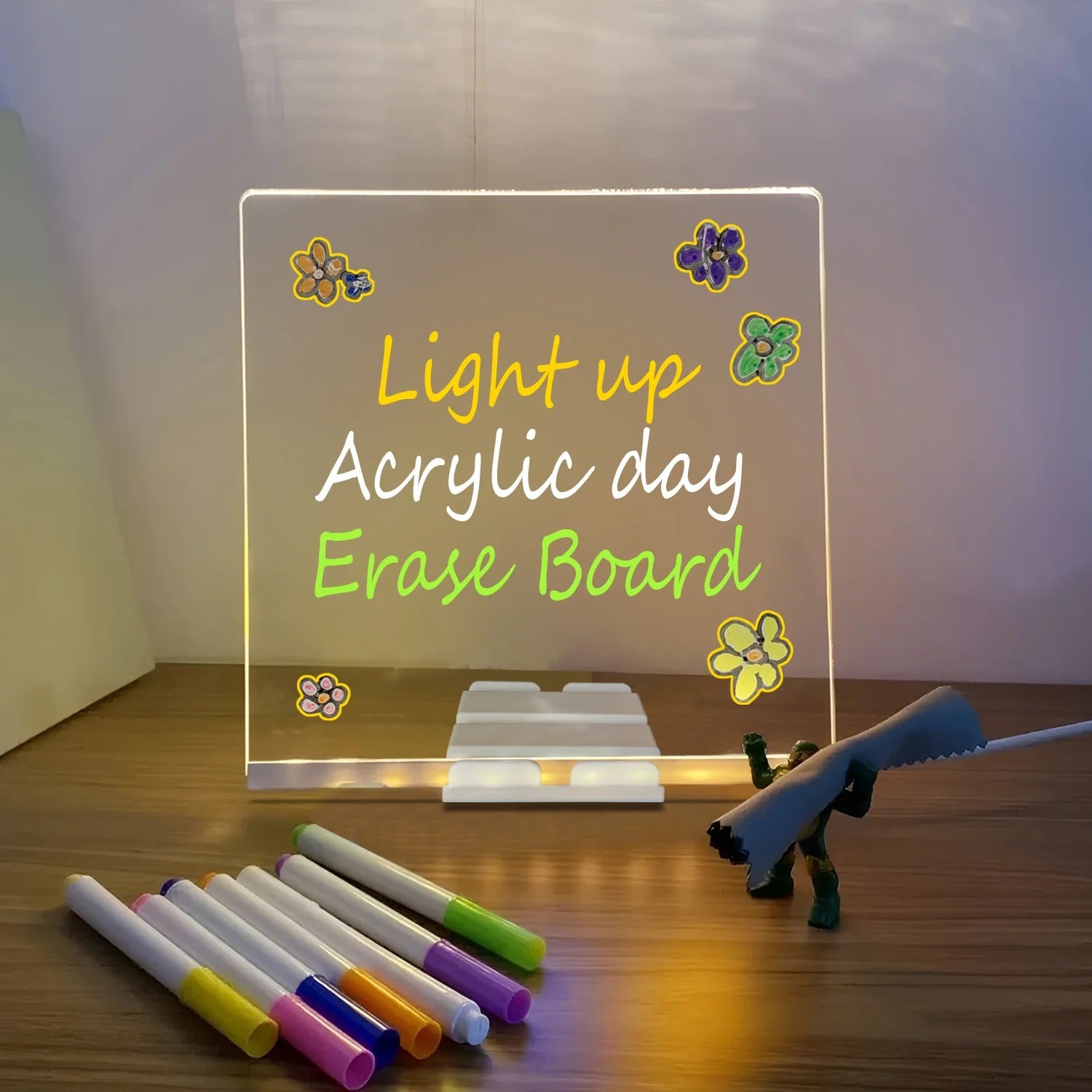 LED Light-Up Writing Board With 7 Marker – 15×15 Cm Acrylic Message Pad With Stand | Colorful DIY Notes & Erasable Neon Pens