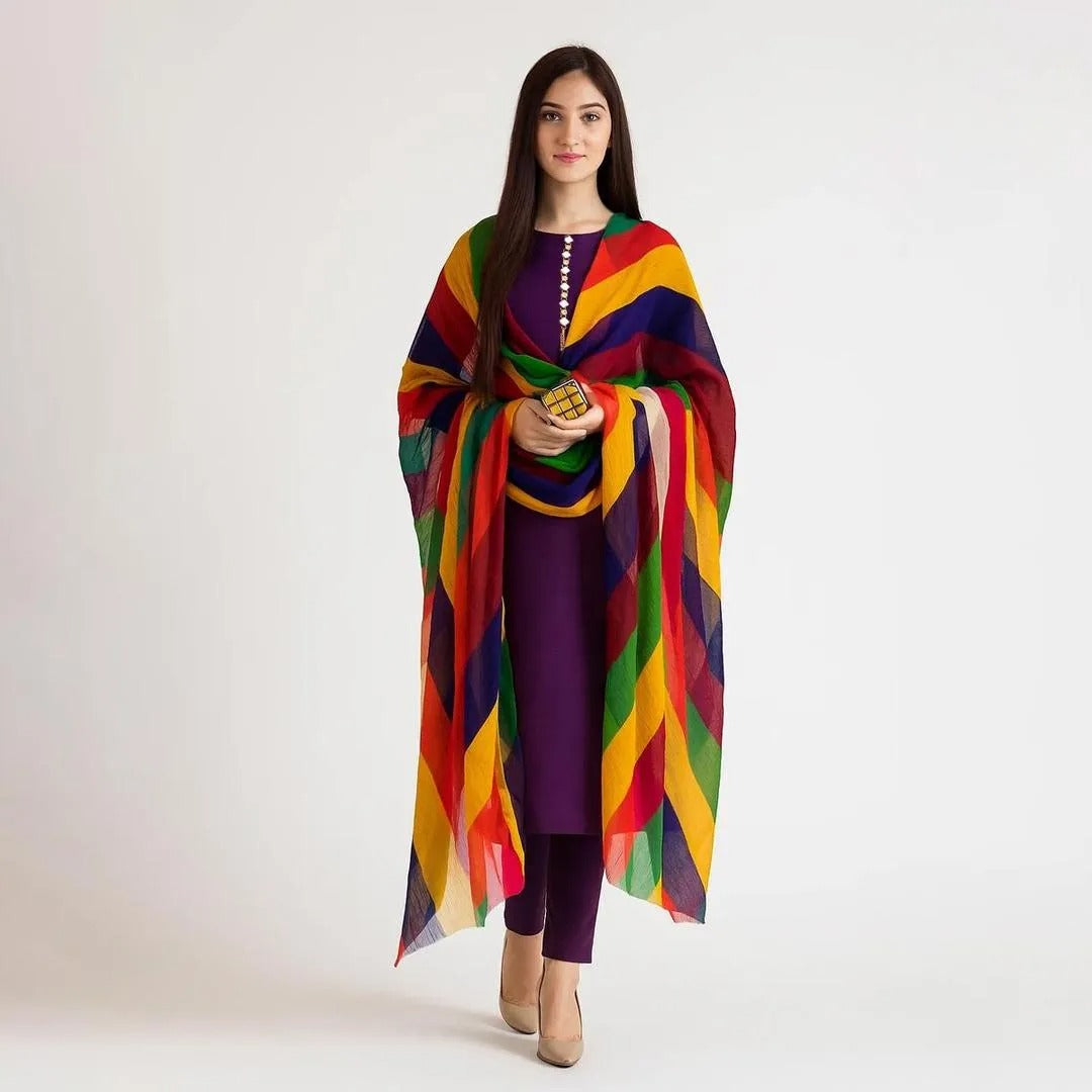 Unstitched 3-Pcs Katan Silk Suit With Multi-Color Organza Chunri Dupatta For Women – Premium Party Wear Dress Material