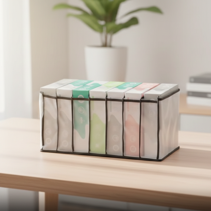 7 Grid Non-Woven Clothes Organizer For Wardrobe – Foldable Storage Box, Milky White, 75 GSM (18x9x9 In)