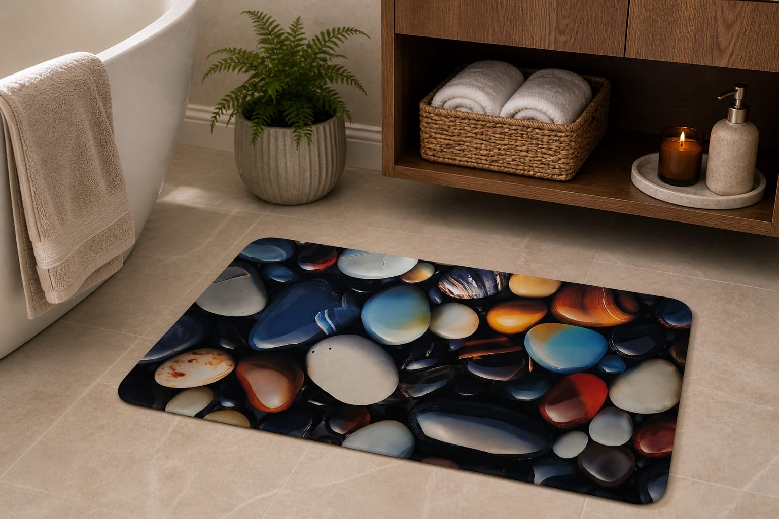 Super Absorbent Non-Slip Bathroom Floor Mat - Quick-Dry Soft Colorful Pebble Design 23 × 15 Inch