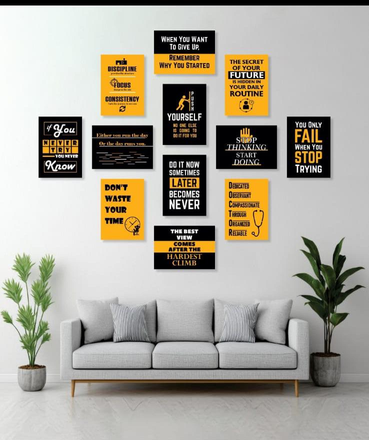 Yellow And Black Motivational Wall Art Posters 12 Pcs Set Wooden Sticky Tiles 5x7 Inches Easy Mounting