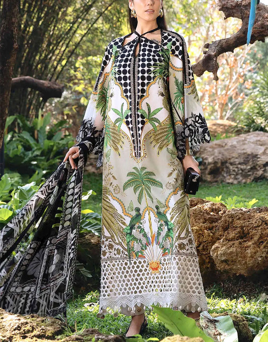 Elegant All-Over Print Embroidered Lawn 3Pc Unstitched EID Dress For Girls With Chiffon Dupatta
