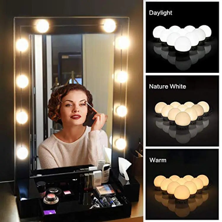 Vanity Mirror Fill Light Adjustable Luminance 3 Colors LED USB Wall Bulbs String For All Pretty 3 Colors Dimmable Vanity Light(10 Bulbs)