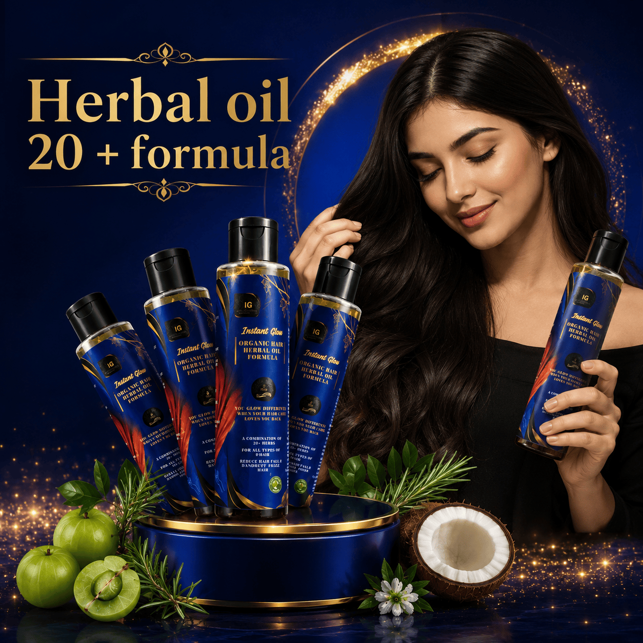 Instant Glow Herbal Oil 20+ Formula 200ml | Organic Hair Oil With Amla & Rosemary | Anti Hair Fall, Dandruff & Frizz Control | Hair Growth & Scalp Nourishment Oil