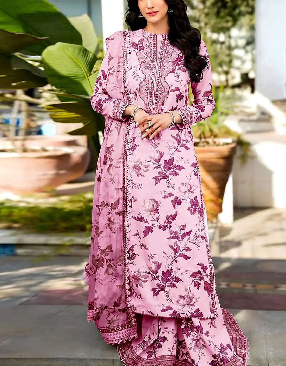 Aneela’s All-Over Print 9mm Sequins Embroidered Lawn 3Pc Unstitched Dress With 4-Side Embroidered Chiffon Dupatta