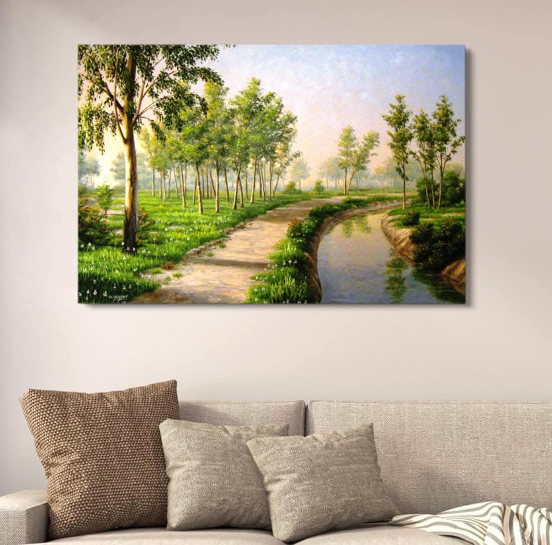 Nature Landscape Spring Garden Wall Decor | Vibrant Green Forest Path Painting | Wooden Art Frame 12x16 Inches