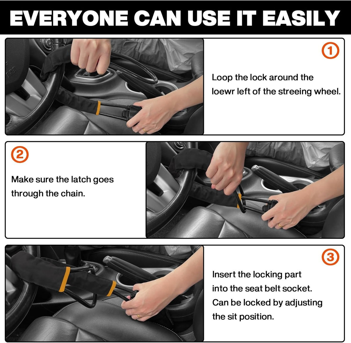 Car Steering Lock With Seat Belt Buckles Anti Theft Protection Device With Three Keys