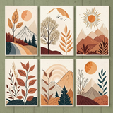 Hills Moon Sun Leaves Wooden Wall Art – 6 Piece Decorative Frame Set Made With Wooden Stickytile, Size 8x11 Inches Each, Easy To Mount With Double Tape