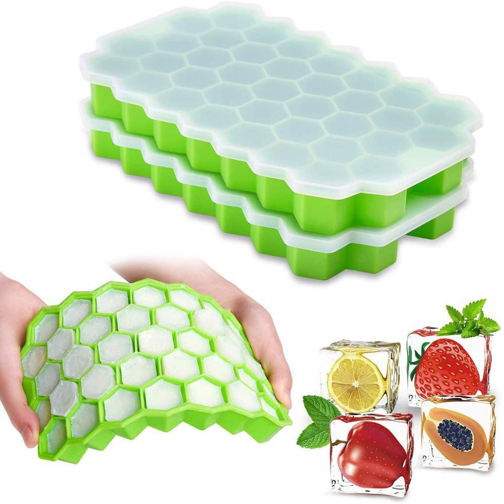 Silicon Ice Cube Tray With Lid | 36-Cube Honeycomb Shape Ice Mold | Durable Freezer Tray With Cover | Random Color