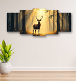 5-Piece Wooden Wall Frame – Deer In Forest Sunset Design | 16x40 Inch With Sticky Tiles