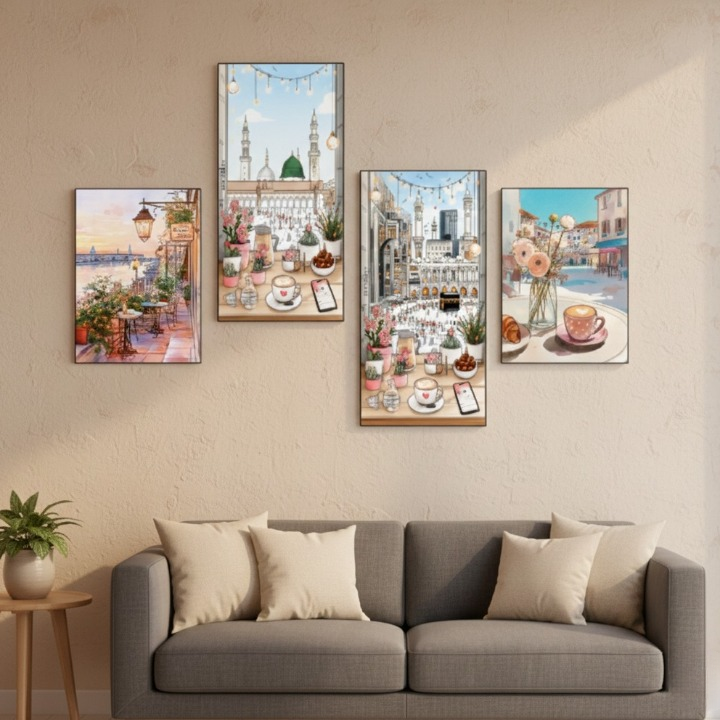 Set Of 4 Modern Islamic Wall Art Prints | Wooden Sticky Tiles | 8x16" & 8x11" | Easy Wall Décor | Double Tape Included