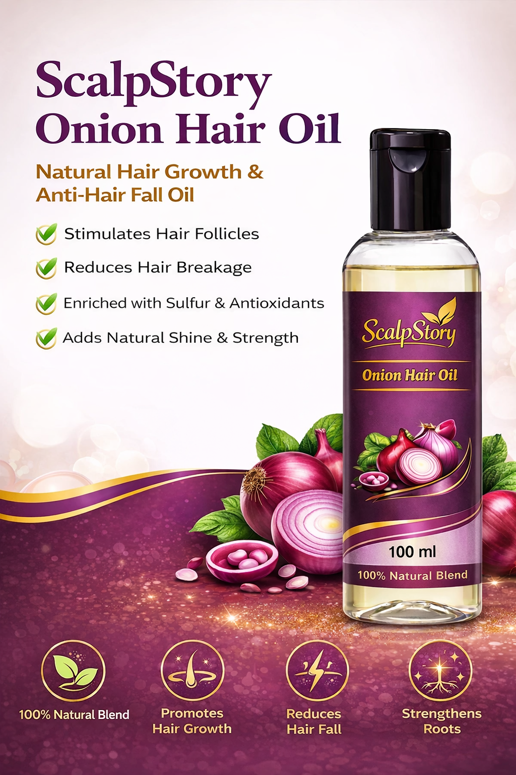 Onion Hair Oil – Natural Hair Growth & Anti-Hair Fall Oil With Sulfur & Antioxidants | Strengthens Roots & Adds Shine | 100 Ml
