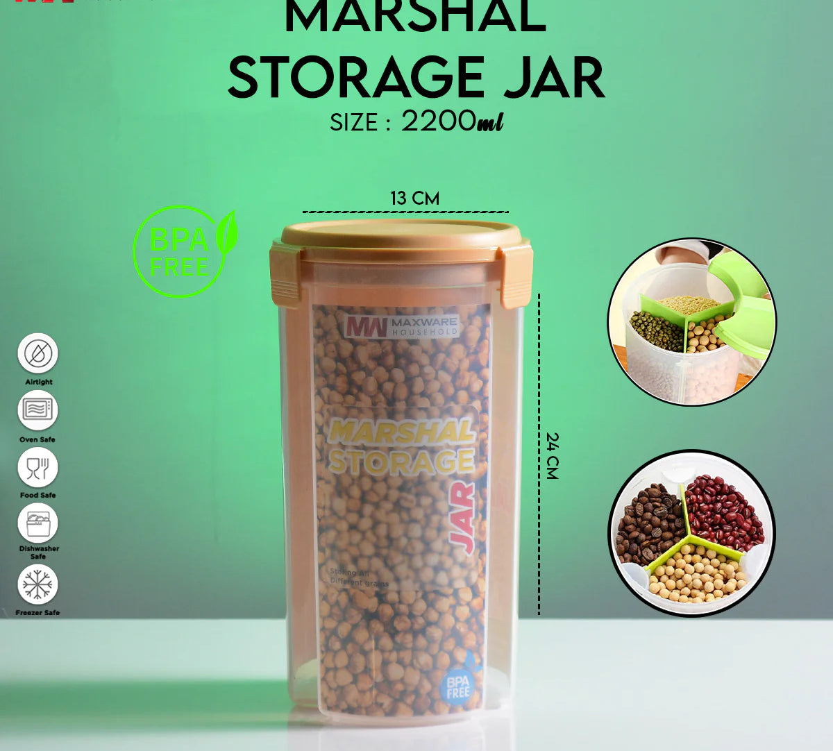 Marshal Storage Jar - 3 In 1 Jar - 3 Portion Storage Jar (2200 Ml) (Random Color)