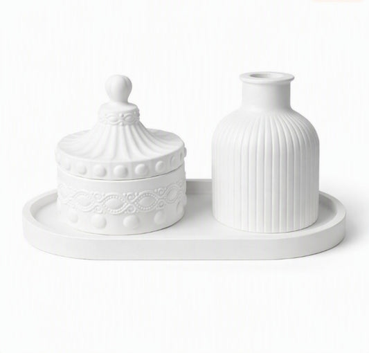 Aesthetic 3-Piece Organizer & Home Decor Set With Oval Tray, Mini Vase & Decorative Storage Box | Vanity, Coffee Table & Bedroom Decoration