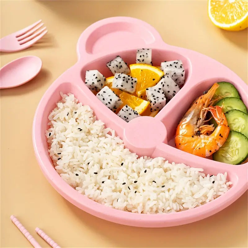 5 Pcs Bear Plate Set - Cartoon Compartment Dinner Plate | Includes Divided Plate, Fork & Spoon, Perfect For Toddlers & Preschoolers (Random Color)