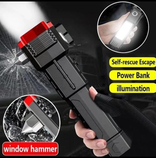 High-Power LED Torch Light – Rechargeable Flashlight With Tactical Hammer & Power Bank With Box, Random Color