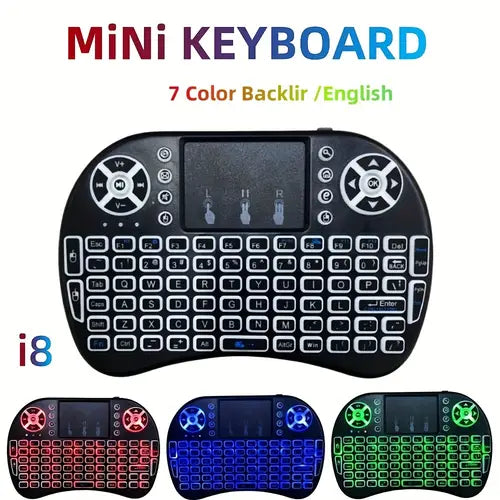 I8 2.4G Mini Wireless Keyboard With Touchpad | 7-Color Backlight ,Plug And Play | Super Cool Design | Perfect For Android TV Box, Smart TV, Projector, PS3