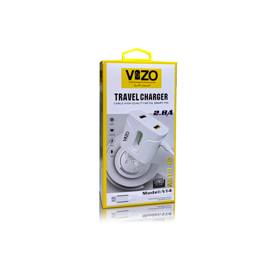 VIZO V14 Fast Charger 2.8A With Copper Connector | Android Mobile Phone Charging Adapter With Usb Data Cable