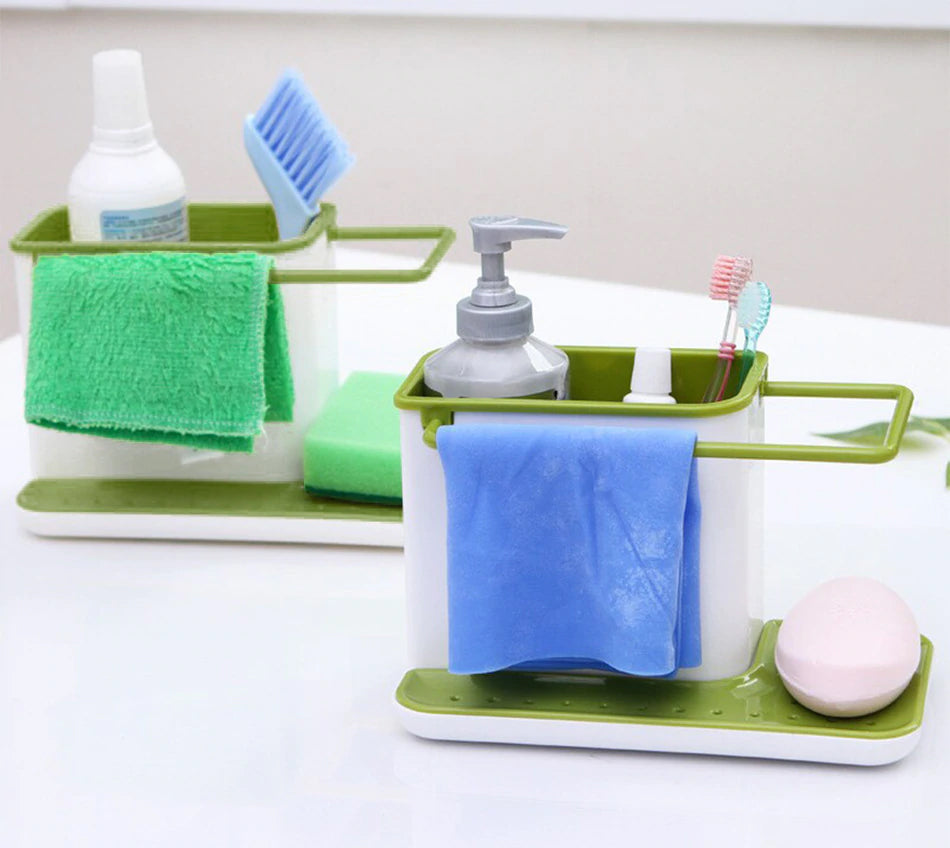 3-In-1 Soap Pump Dispenser With Sponge Holder Liquid Dispenser Container Hand Press Soap Organizer Kitchen Cleaner Tools Hot With Self Draining Sink Tidy Organizer Brush Sponge Cleaning Cloth Holder